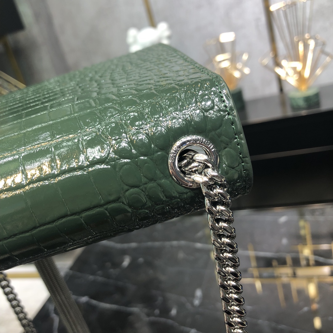 Saint Laurent Kate Tassel Medium Crocodile Embossed Calfskin Shoulder Bag Army Green 354119 Silver